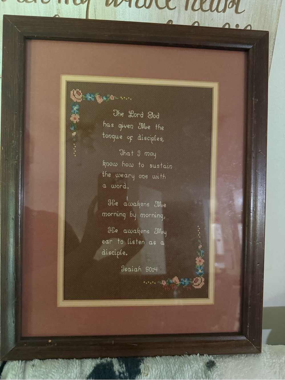 Framed Floral Cross-Stitch Scripture Art - Brown & Rose